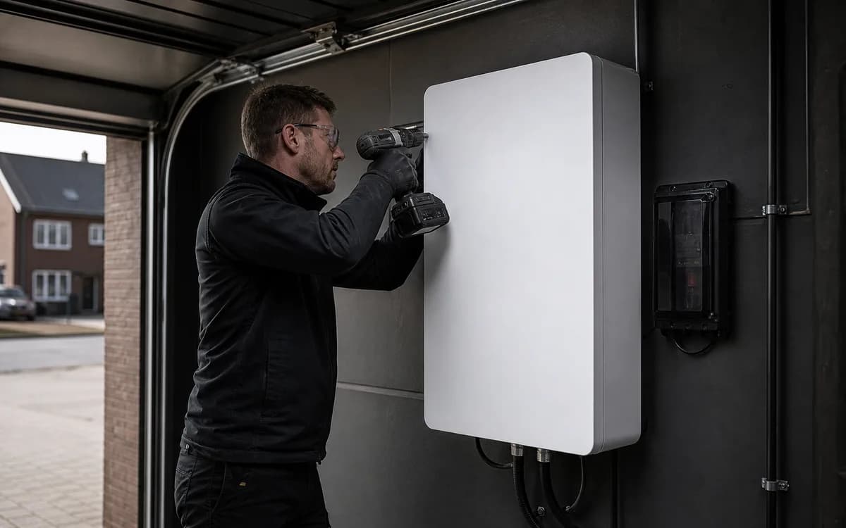 Elektricien monteert thuisaccu aan garage-muur op installatiedag