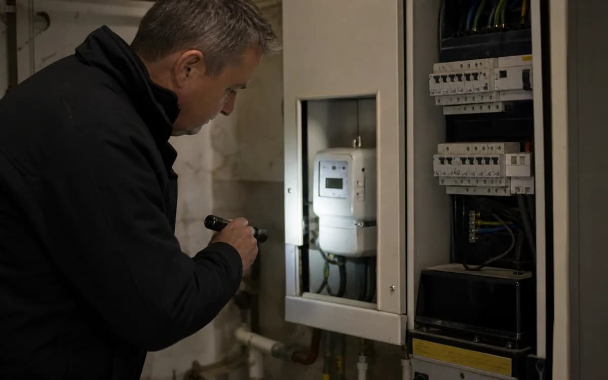 Installateur voert schouw uit bij meterkast en omvormer